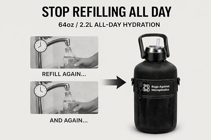 Half Gallon Water Bottle WITH Sleeve & Accessories – 64oz / 2.2L Hydration Kit Bundle – Includes Straw, Cleaning Brush & Storage Pocket – Leakproof Gym Jug BPA-Free