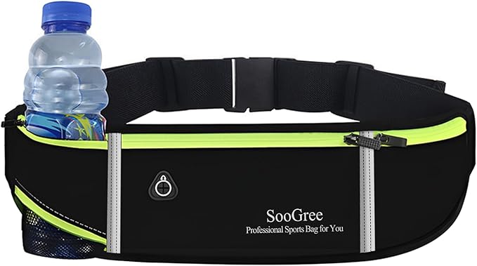 Fanny Packs, Running Belt Pack, Waist Pack Bag for Men and Women, Lightweight Runners Water Bottle Belt Bag, Phone Holder Money Belt for Traveling Hiking Cycling Walking (1186, Black Green)