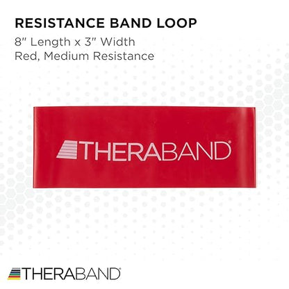 THERABAND Resistance Band Loops, 8" Red, Medium Resistance, Latex Color-Coded 3" Wide Exercise Band Loop for Home Workouts, Pilates, Strength Training, Physical Therapy, for Women and Men