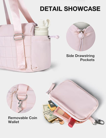 VUUDH Mini Gym Bag for Women Puffy Bag, Small Gym Bag with Coin Wallet, Lightweight Gym Tote Bag for Fitness, Work, Travel, Daily Commute,Pink