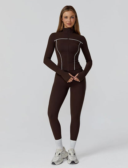 Womens workout sets Contrast Long Sleeve Jacket with Sports Bra and Butt-lifting Pants Yoga Outfits 3 Pieces Set