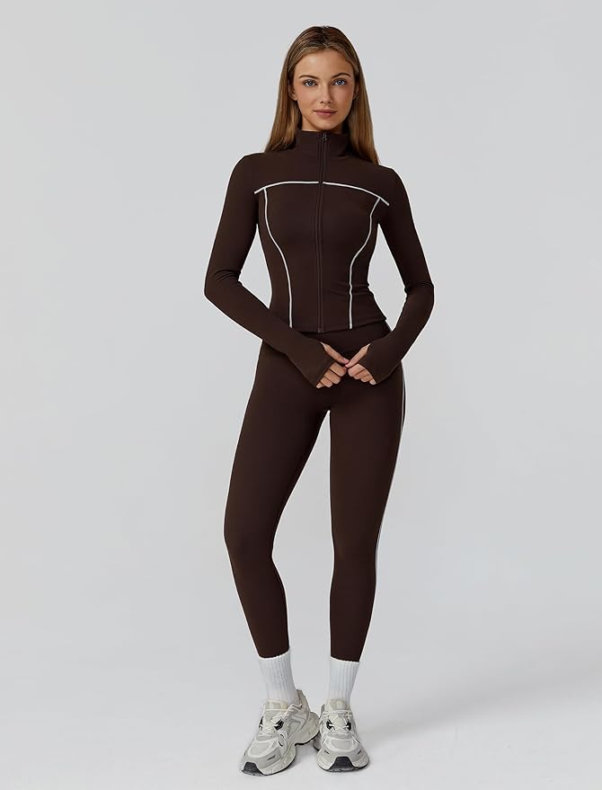 Womens workout sets Contrast Long Sleeve Jacket with Sports Bra and Butt-lifting Pants Yoga Outfits 3 Pieces Set