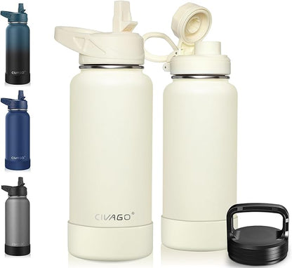 CIVAGO 32 oz Insulated Water Bottle With Straw, Stainless Steel Sports Water Flask Cup with 3 Lids (Straw, Portable Spout and Handle Lid), Double Walled Travel Thermal Canteen Mug, Cream