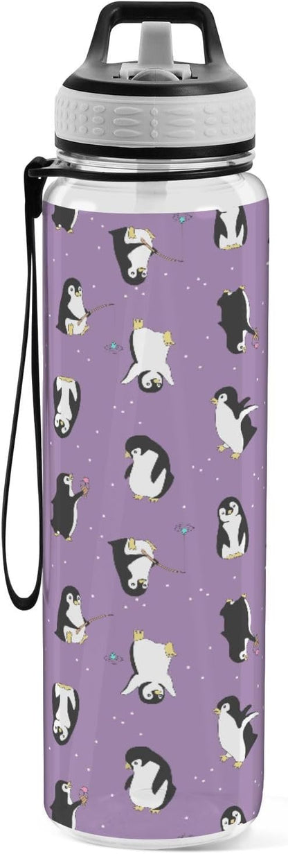 Fustylead Penguins Tritan Water Bottle with Straw and Lids, 32 oz Reusable BPA Free Sport Water Bottle for Gym Camping Hiking Travel