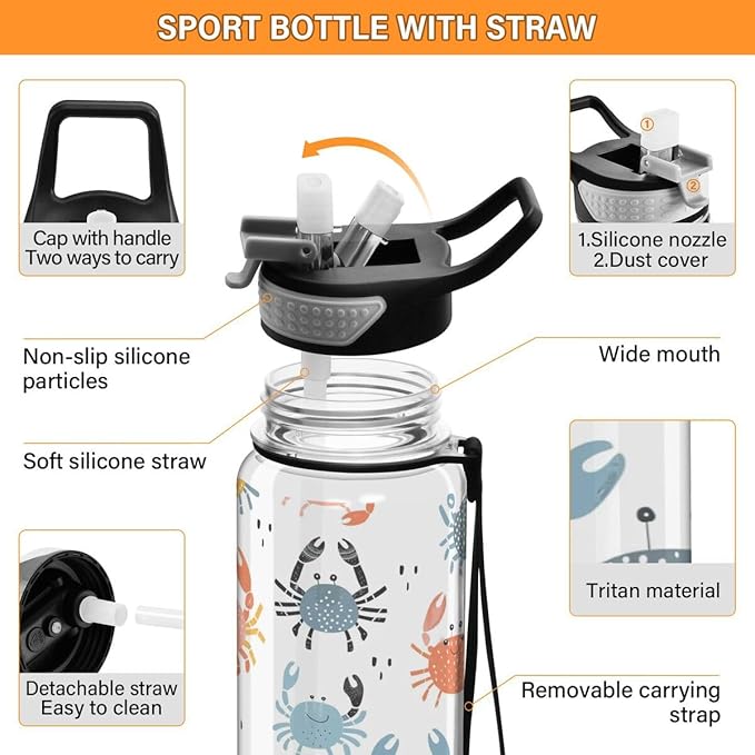 ALAZA Cartoon Crab Sports Water Bottle with Straw Tritan Drink Bottle 32 oz BPA Free Reusable for Travel Outdoor Fitness