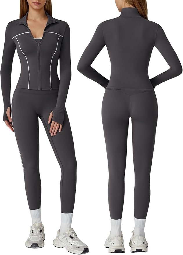 Womens workout sets Contrast Long Sleeve Jacket with Sports Bra and Butt-lifting Pants Yoga Outfits 3 Pieces Set