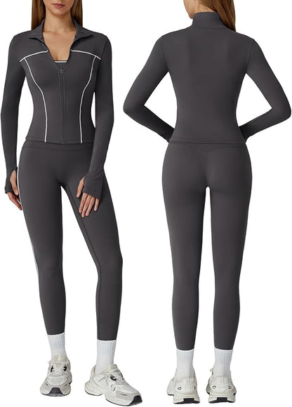 Womens workout sets Contrast Long Sleeve Jacket with Sports Bra and Butt-lifting Pants Yoga Outfits 3 Pieces Set