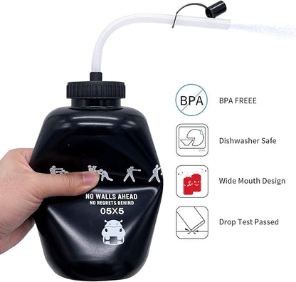 SHOKE Long Straw Water Bottle Hockey Boxing 1 Liter Water Bottle Football BPA Free Squeeze Leak Proof Sports Water Bottles for Baseball Lacrosse Cycling Sport Large Capacity 32 Oz/1 Liter-Black