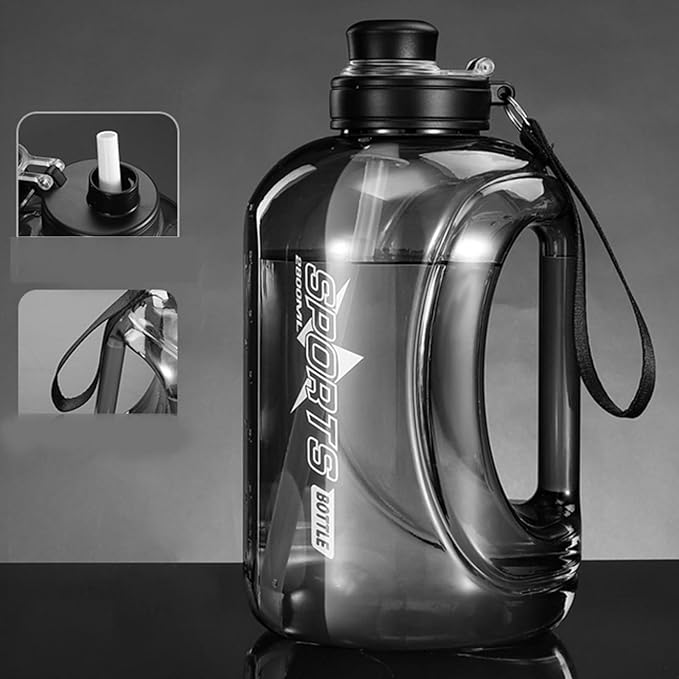 80 Oz Big Water Bottle for Men ＆ Women, Reusable Hiking Water Bottle with Portable Handle, Leakproof Gym Water Jug with Straw ＆ Clear Markings for Running Hiking Camping Travel (Black 1.8 L)