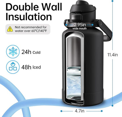 64oz Insulated Magnetic Water Bottle - Stainless Steel Vacuum Flask with MagSafe Compatible Phone Holder Keeps Drinks Cold for 24 Hours Water Jug for Gym and Outdoor Activities（Balck)