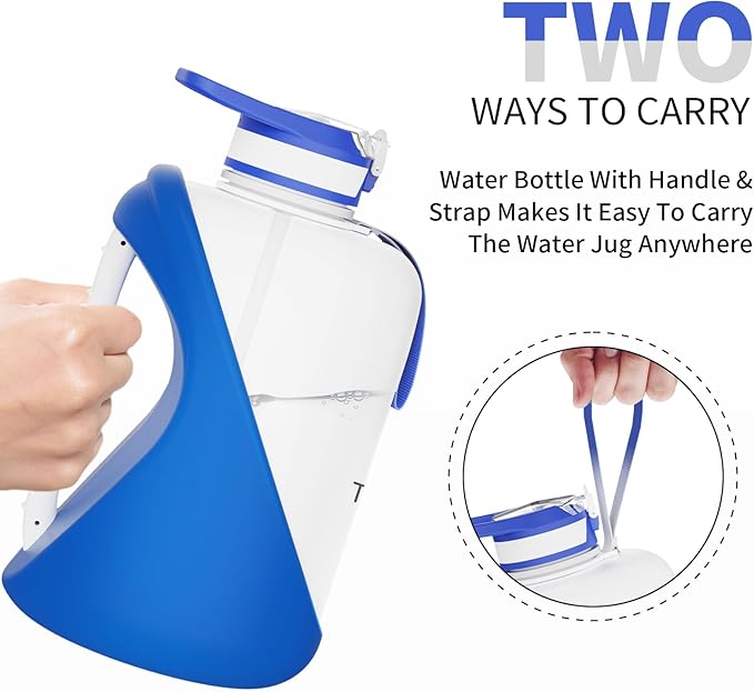 TOOFEEL 1 gallon water bottle - 128 oz water bottle with Straw & Chug Lid - BPA Free Big Water Bottle with Handle - Gym Water Bottle - Deep Blue and White