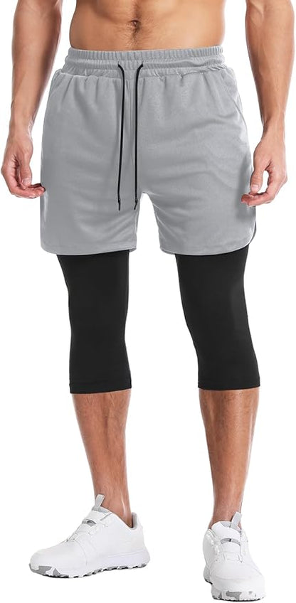 Aolesy Men's 2 in 1 Running Pants, Gym Workout Compression Pants for Men Training Athletic