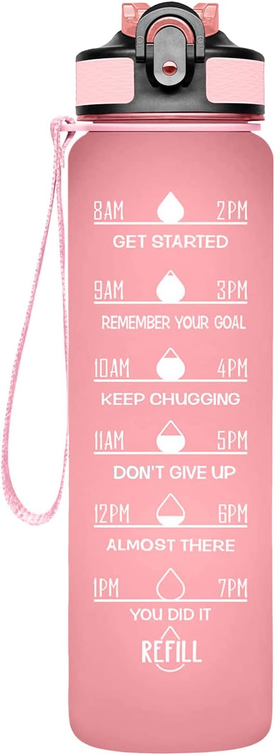 Frosted Style Sports Water Bottle 32 oz - BPA Free With Time Marker, Small Mouth Leakproof for Gym, Fitness, Hiking, Bike, Camping (A)