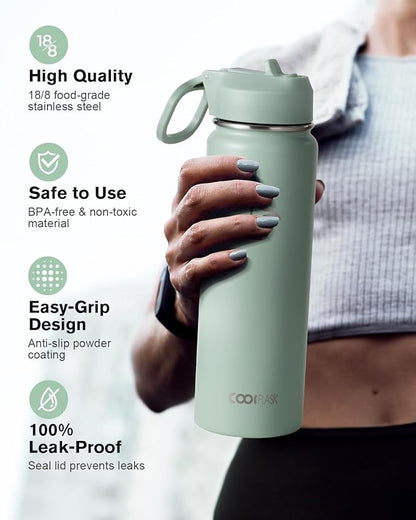 Coolflask Water Bottle 24 oz Insulated with Straw, Stainless Steel Metal 3 Lids Water Flask Wide Mouth for Sports or Office, Non-BPA Keep Cold Up to 48 Hrs or Hot Up to 24 Hrs, Grey Green