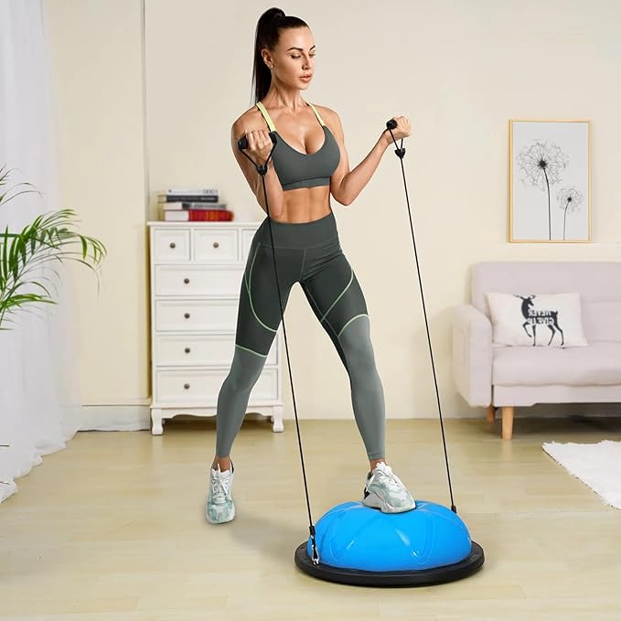 Half Exercise Ball Trainer 23 inch Balance Ball Trainer 1500lbs Capacity Stability Ball with Resistance Bands & Foot Pump, Strength Fitness Ball for Home Gym Full Body Workout