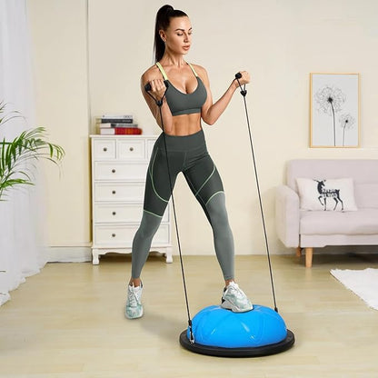 Half Exercise Ball Trainer 23 inch Balance Ball Trainer 1500lbs Capacity Stability Ball with Resistance Bands & Foot Pump, Strength Fitness Ball for Home Gym Full Body Workout