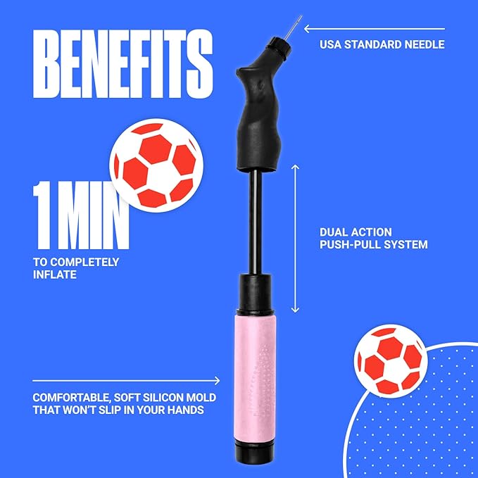 SPORTBIT Ball Pump for Sports Balls - Push & Pull Inflating System - Hand Pump for All Exercise Balls - Volleyball Pump, Basketball Inflator, Football & Soccer Ball Air Pump - Goes with 5 Needles Set