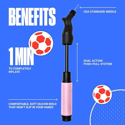SPORTBIT Ball Pump for Sports Balls - Push & Pull Inflating System - Hand Pump for All Exercise Balls - Volleyball Pump, Basketball Inflator, Football & Soccer Ball Air Pump - Goes with 5 Needles Set