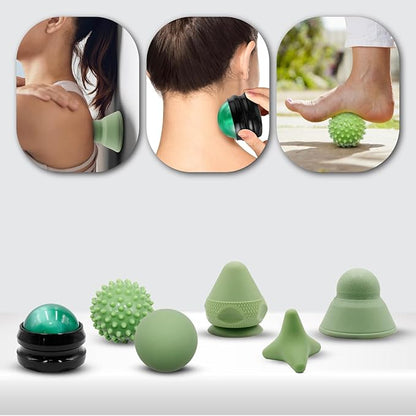 Physical Therapy Pain Relief Massage Ball Set for Trigger Point Release - Myofascial Release Tool & Deep Tissue Massage Set of 6 Pieces - Lacrosse, Spiky, Hand Roller & Mountable Self Massage Ball