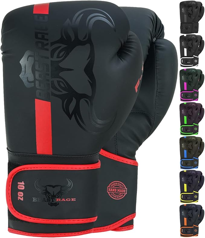 BEAST RAGE Boxing Gloves Muay Thai Kickboxing MMA Fight Bag Training Punch Hitting Workout Men Women Sparring Fitness Mitts Heavy Padded Martial Arts Sports