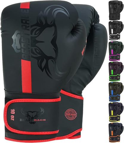 BEAST RAGE Boxing Gloves Muay Thai Kickboxing MMA Fight Bag Training Punch Hitting Workout Men Women Sparring Fitness Mitts Heavy Padded Martial Arts Sports