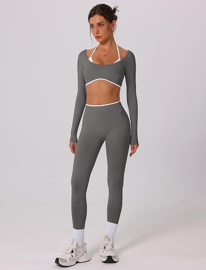 ABOCIW Workout Sets for Women Long Sleeve Crop Top Scrunch Butt Lifting High Waist Leggings 2 Piece Gym Yoga Outfits