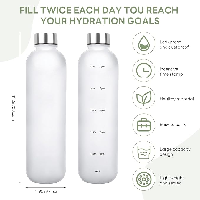 Water Bottle 32 oz, Frosted Style Sports Water Bottles BPA Free Water Bottle With Time Marker,Small mouth Leakproof Water Bottles with Strap for Gym Fitness Hiking Bike Camping (White)