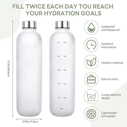 Water Bottle 32 oz, Frosted Style Sports Water Bottles BPA Free Water Bottle With Time Marker,Small mouth Leakproof Water Bottles with Strap for Gym Fitness Hiking Bike Camping (White)