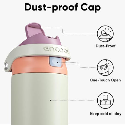 ENCOOL Leakproof Insulated Water Bottle with Straw Dual-Sip Water Bottle Bag-Safe Design for Work, Commute & Gym – Keeps Drinks Cold All Day, 24 oz, Sand Beige