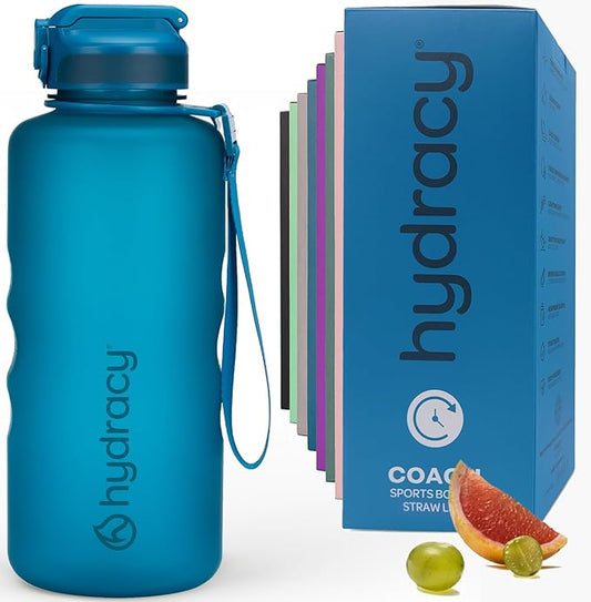 Hydracy Water Bottle with Time Marker -Large BPA Free Water Bottle & No Sweat Sleeve -Leak Proof Gym Bottle with Fruit Infuser Strainer & Times to Drink -Ideal for Fitness Sports & Outdoors