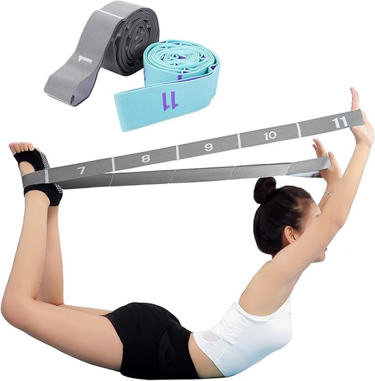 2-Pack Yoga Straps with 11 Loops - Adjustable Elastic Stretching Bands for Pilates, Dance, Ballet Gymnastics & Physical Therapy, Multifunctional Flexibility Exercise Equipment