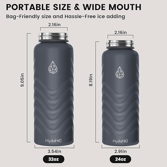 24oz Stainless Steel Insulated Water Bottle, 48H Ice Cold & 24H Hot, Leak-Proof Wide Mouth Lids (Straw & Spout), BPA-Free Bottles, Mens Water Bottle for Gym, Hiking, Travel - Grey