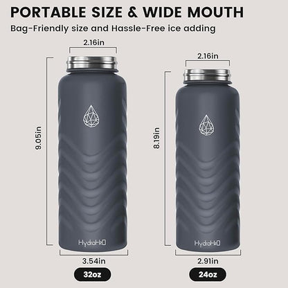 24oz Stainless Steel Insulated Water Bottle, 48H Ice Cold & 24H Hot, Leak-Proof Wide Mouth Lids (Straw & Spout), BPA-Free Bottles, Mens Water Bottle for Gym, Hiking, Travel - Grey