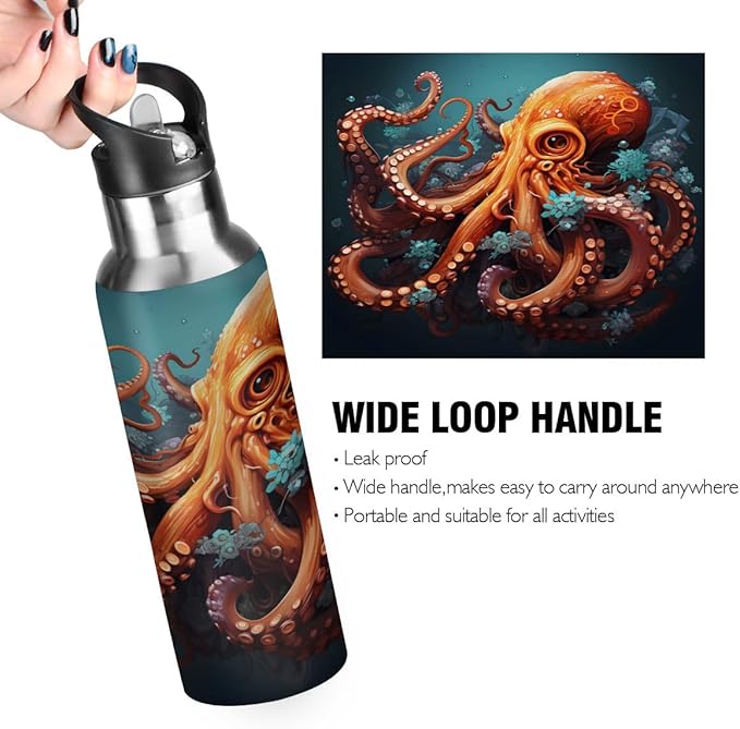 AUUXVA Watercolor Sea Ocean Octopus Water Bottle Vacuum Insulated Stainless Steel Mug Kids Water Bottle with Straw and Handle Keep Hot Cold Sport Bike Fit Travel Outdoor 20 oz