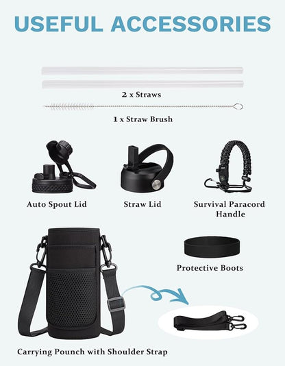 BENZZO Insulated Water Bottle 32/40/64 oz Keep Cold-48h Hot-24h, Water Bottles with Straw & Spout Lids, Carrier Pouch & Paracord Handle, Sports Workout Water Bottle Jug for Men Women