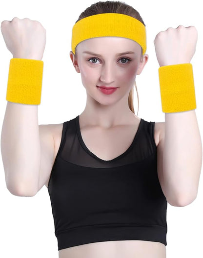 ONUPGO Sweatband Set Sports Headband Wristband Set Sweatbands Terry Cloth Wristband Wrist Sweatband Headbands Moisture Wicking Sweat Absorbing Head Band