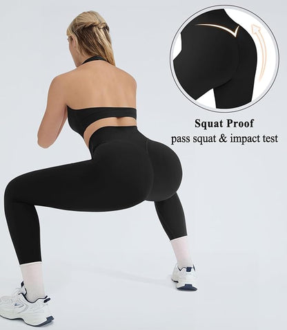 OMKAGI 2 Piece Workout Sets for Women Halter Sports Bras Gym Sets Booty Leggings Outfits