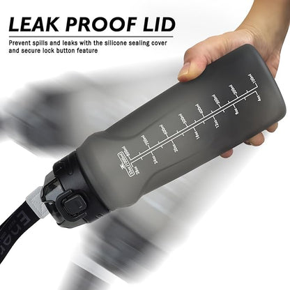 32oz Sports Water Bottle with Detachable Straw (Sip & Chug), Motivational Water Bottle with Capacity Marker, Leakproof Drinking Water Bottle with Strap for Travel Fitness Gym Outdoor (Black)
