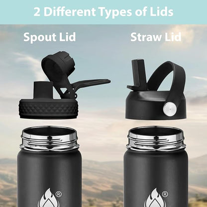 Insulated Water Bottle 40 oz with Straw, Stainless Steel Wide Mouth Water Bottle, Double Wall Vacuum Leak Proof with Straw Lid & Spout Lid for Sports or Office, Keep Cold or Hot Up to 24 Hrs