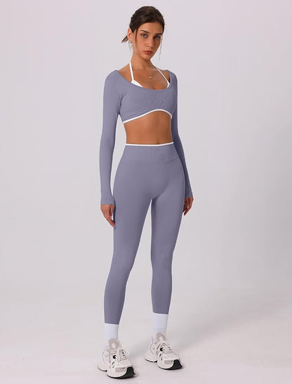 ABOCIW Workout Sets for Women Long Sleeve Crop Top Scrunch Butt Lifting High Waist Leggings 2 Piece Gym Yoga Outfits