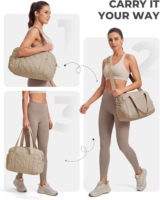 Percover Women Gym Bag with Toiletry Organizer Pouch, Quilted Workout Duffle with Compartments for Daily Fitness & Yoga, Locker-Friendly Soft Carry, Camel Tan