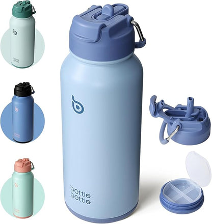 BOTTLE BOTTLE 32oz Insulated Water Bottle Stainless Steel Sport Water Bottle with Straw Dual-use Lid Design for Gym with Pill Box