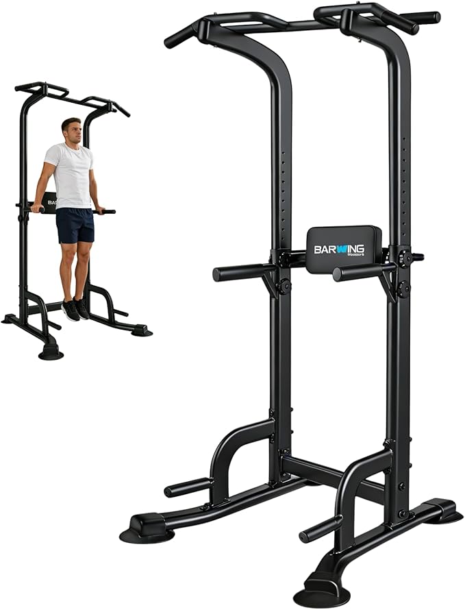 BARWING Pull Up Bar Station, Power Tower, Dip Station with 3D Backrest, Multi-Function Strength Training Stand Rack, Adjustable Height Dip Bar for Home Gym Workout Stand Fitness Exercise Equipment