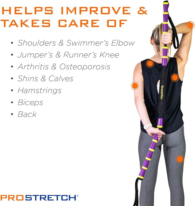 StretchRite Physical Therapy Full Body Stretching Strap with Patented Easy Grip Handles for Sore and Tight Muscles, Includes Coaching Guide (Purple/Yellow)