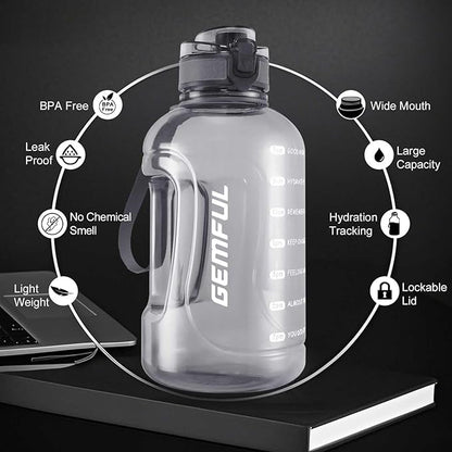 GEMFUL 2 Liter Water Bottle with Time Marker & Handle 64oz Large Motivational Jug for Gym Workouts No Straw Leak Proof BPA Free (Grey)
