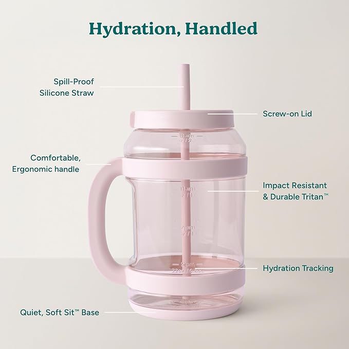 REDUCE WaterDay 80 oz Water Jug with Time/Ounce Markings - Spill-Proof Straw, Durable Tritan - Big Water Bottle for Daily Hydration - Dishwasher Safe, Clear & Easy to Clean, Pink Quartz