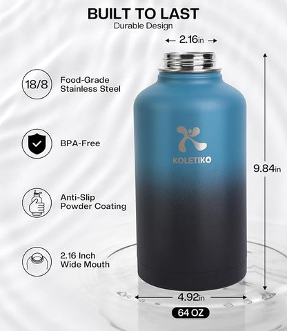 Insulated Water Bottle 64 oz(COLD for 36 Hrs), Non-BPA & Leak Proof, Half Gallon Sports Stainless Steel Water Jug Large with Straw, Indigo Black