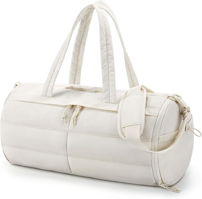 BAGSMART Puffer Gym Bag for Women, Lightweight Duffel Bag with Shoe Compartment, Weekender Bags with Wet Pocket, Workout Overnight Carry on Bag for Travel, Beige