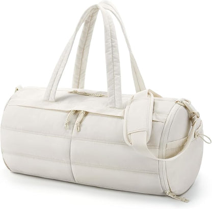 BAGSMART Puffer Gym Bag for Women, Lightweight Duffel Bag with Shoe Compartment, Weekender Bags with Wet Pocket, Workout Overnight Carry on Bag for Travel, Beige