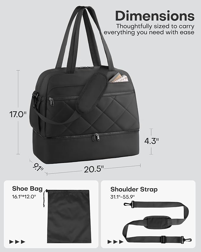 HOTOR Gym Bag for Women - Lightweight Travel Duffle Bags with Wet Pocket & Separate Shoe Bag, Multi-Pocket Carry on Weekender Duffel for Sports, Fitness, Overnight Trip, Black, 20.5" x 9.1" x 17.0"